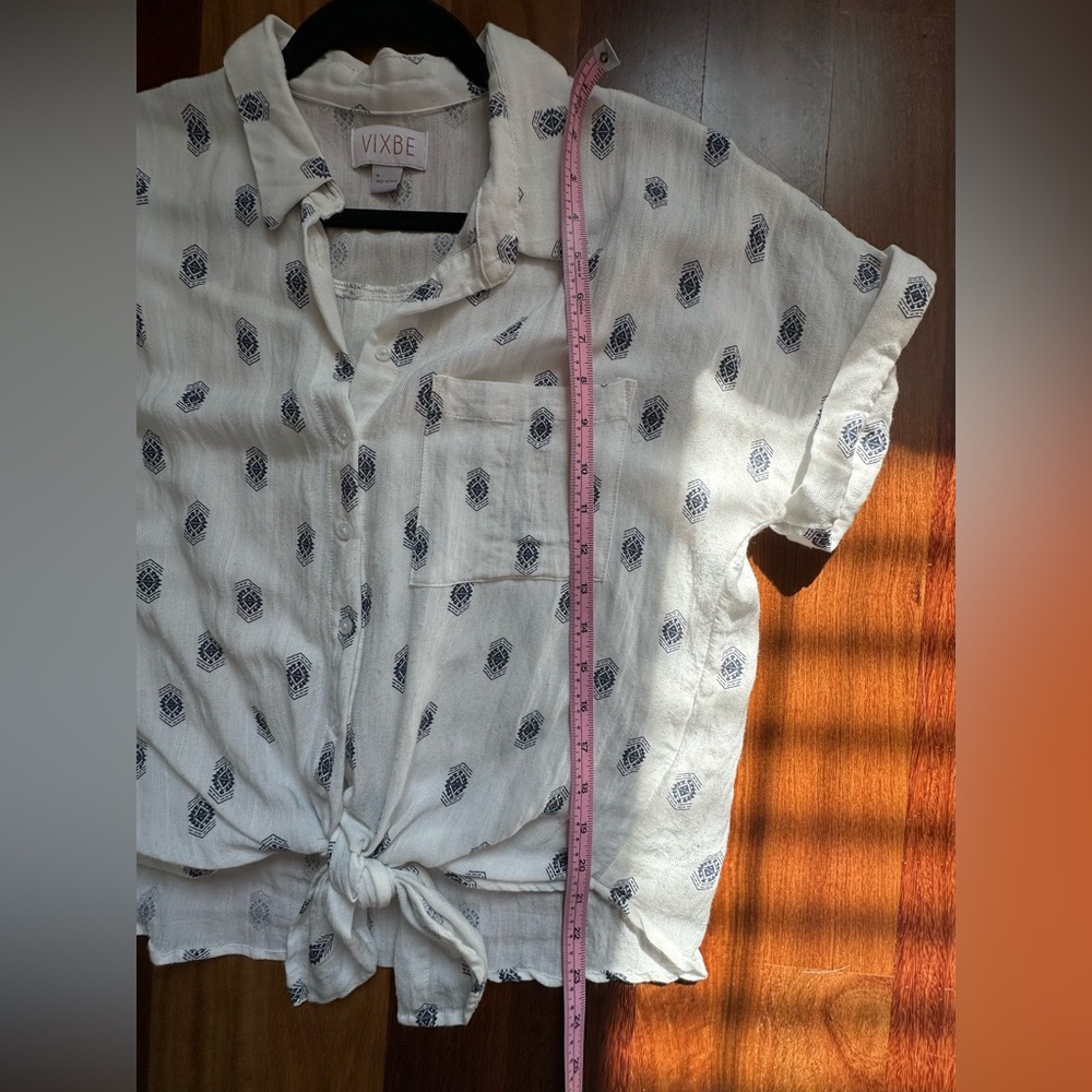 White and Blue Patterned Women's Button Down Shirt - Picture 3 of 4
